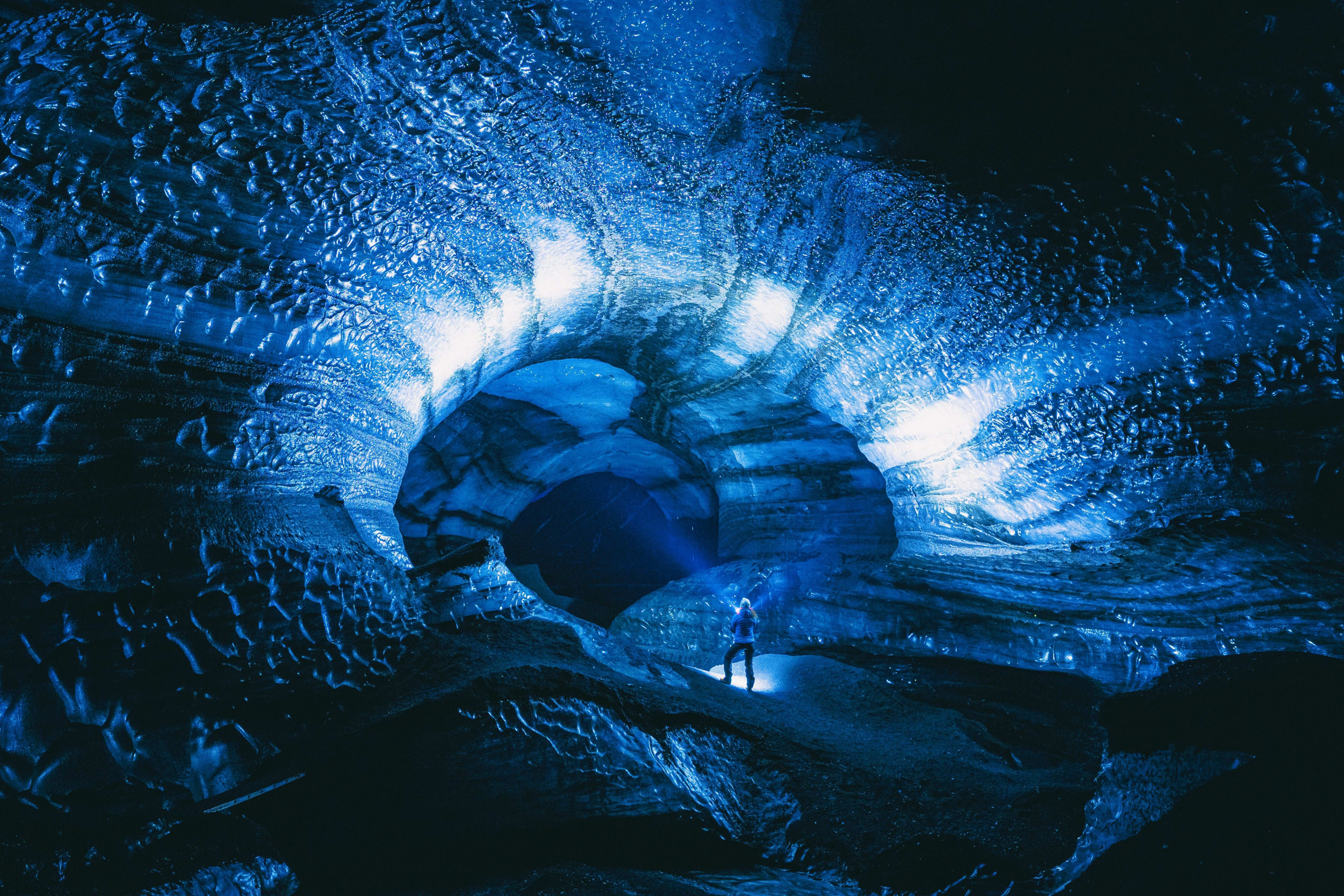 katla ice cave with blue light