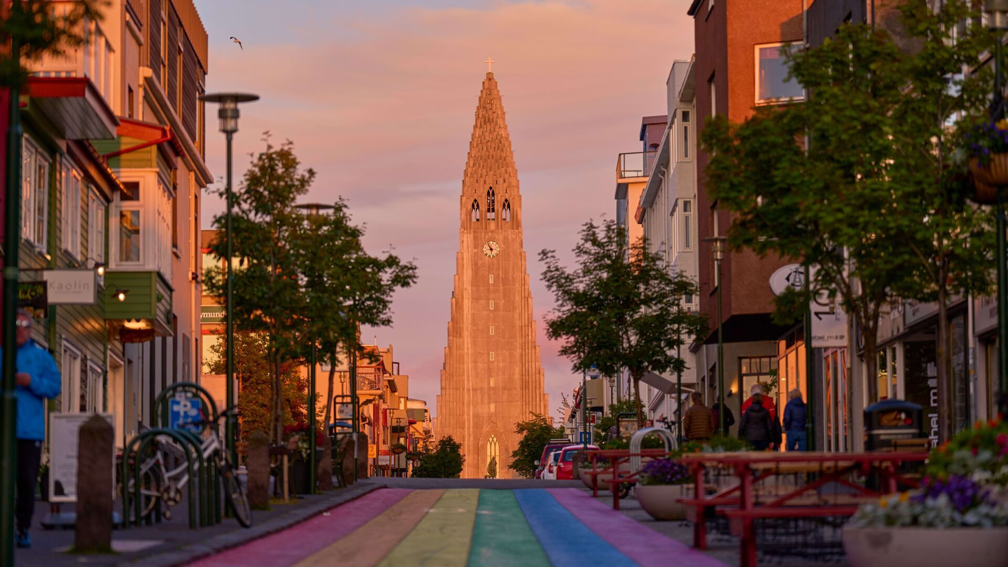 Rainbow street to Hallgrimskirkja at sunset