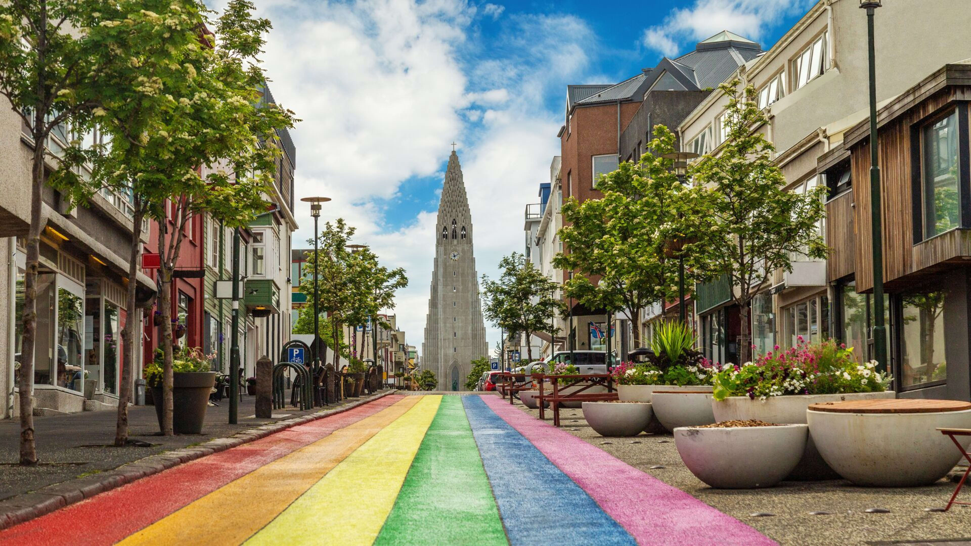 Rainbow street to Hallgrimskirkja in Reykjavik